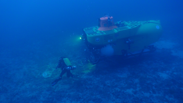 A scientist and submersible collect samples and explore the seafloor.